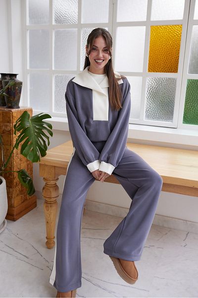 Askı Nişantaşı Smoke-White Stripe Detailed Modal Fabric Sweat Tracksuit Set