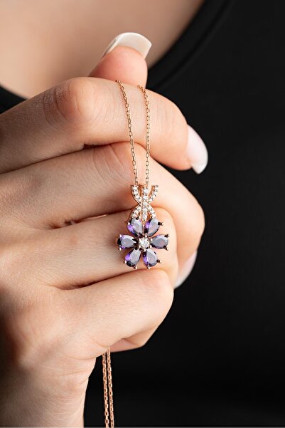 Nereze 925 Ayar Gümüş Mor Taşlı 6 Yaprak Lotus Çiçeği Kolye