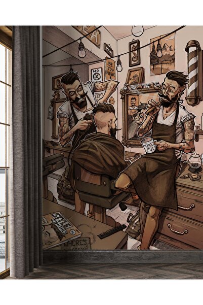 Tasarım Berber Temalı Karikatür Çalışması Duvar Kağıdı