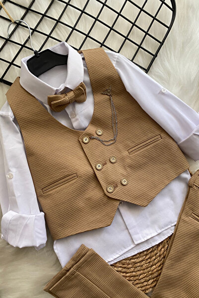 Turuncu Gardrop Matrix Yelekli Zincirli Erkek Çocuk Takım Elbise Camel