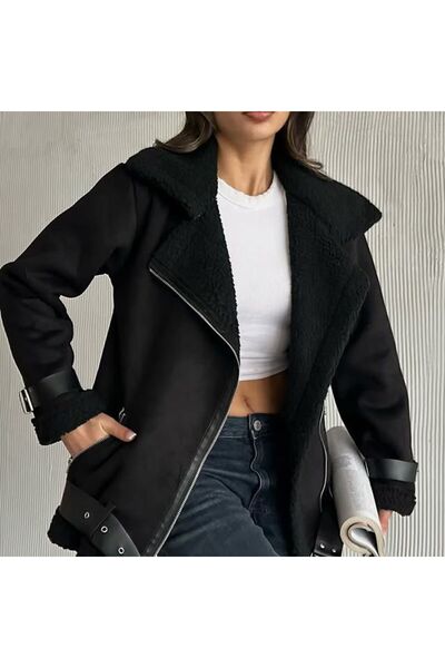 Ben Özgürüm Kemerli Süet Biker Kadın Mont