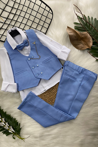 Turuncu Gardrop Matrix Yelekli Zincirli Erkek Çocuk Takım Elbise Bebe Mavi