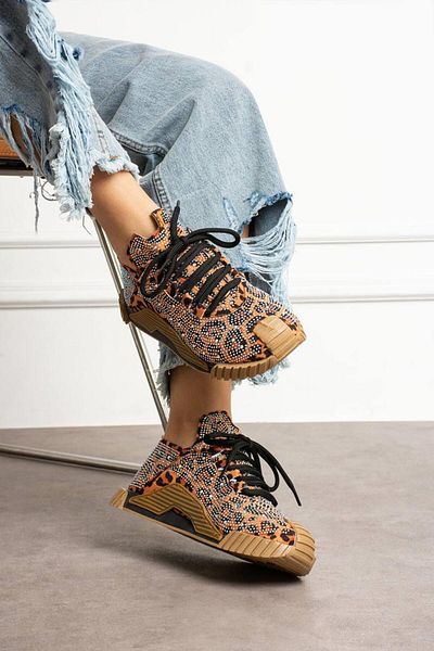 diclepolat Women's Tan Leopard Print Lace-Up Sneakers with Stone Detail and Orthopedic Bruno