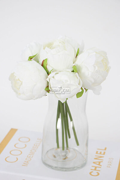 Yapay Çiçek Deposu Yapay Çiçek 6lı ipek Peony Şakayık Gül Demeti 25 cm Beyaz