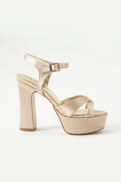 Pazzyonez Women's Gold Satin 13 cm Heeled Platform Evening Dress Shoes