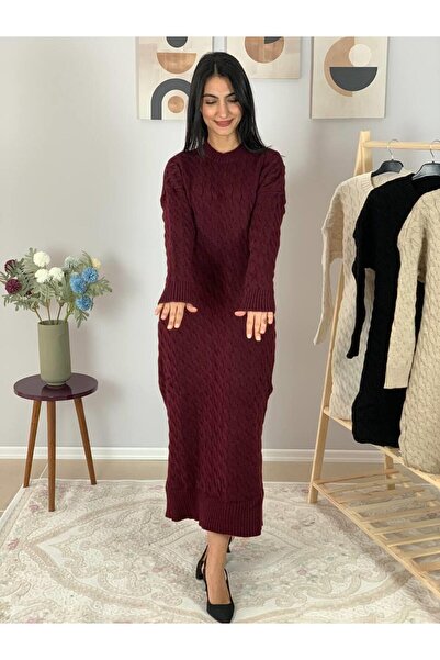 YusGos Crew Neck Hair Braided Knitwear Midi Dress