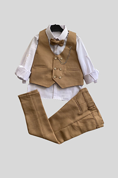 Turuncu Gardrop Matrix Yelekli Zincirli Erkek Çocuk Takım Elbise Camel