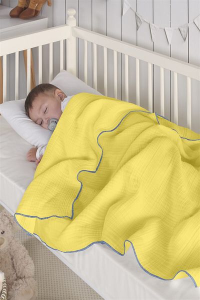 Evim Organic Cotton 4 Layer Muslin Baby Blanket 120X120 cm Light Yellow Blue