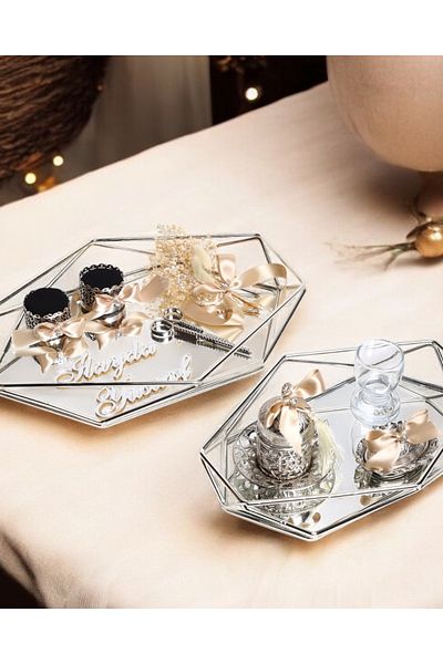 CyzHome Elation Beige Promise Engagement and Groom Coffee Cup Tray - Silver Prism