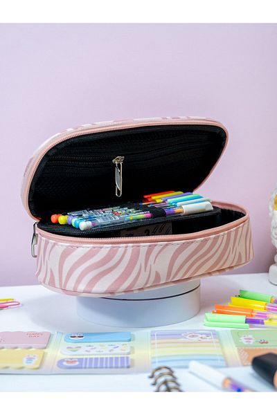 OneSize Pencil Case Oval Design Single Compartment Pink Zebra Themed Vegan Leather (Pen Holder)