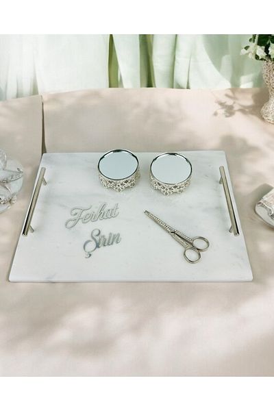 CyzHome Silver Marble Promise Tray and Groom Coffee Cup Tray