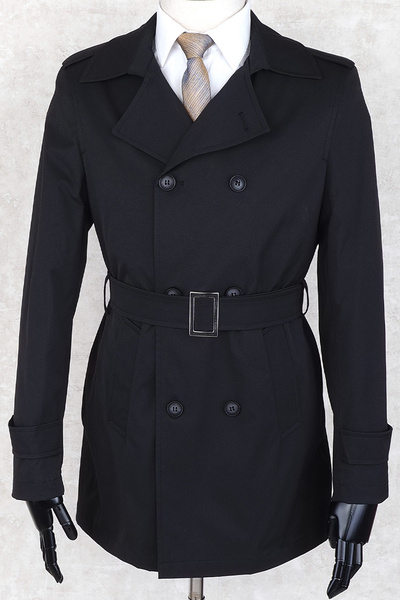 Jan Carlucci Siyah Kruvaze Tek Yırtmaç Dizüstü Kemerli Trençkot