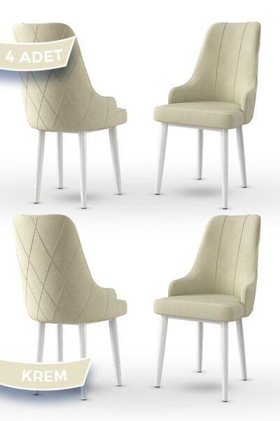 Canisa Trex Serisi 1.sınıf Babyface Kumaş Beyaz Metal Ayak 4 Adet Krem Sandalye