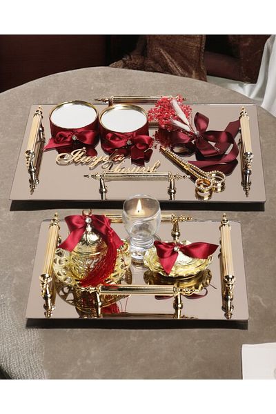 CyzHome Reverence Gold 4 - Promise Tray with Red Handles and Groom Coffee Cup