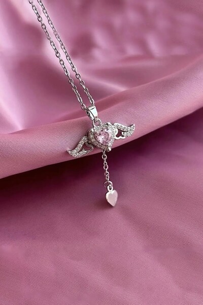 CAXBERN Çelik Kanatlı Kalp Model Zirkon Taş Kadın Kolye