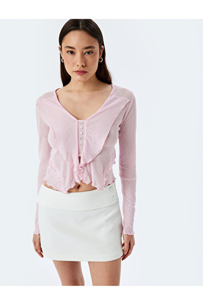 Koton Μακρυμάνικη μπλούζα με λαιμόκοψη V με λεπτομέρεια βολάν