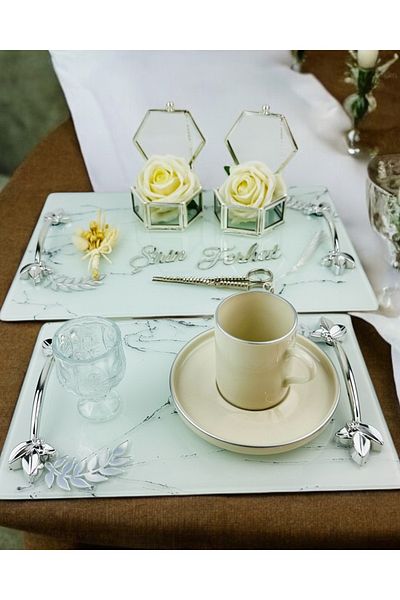 CyzHome Loyalty White Patterned Silver Engagement Tray