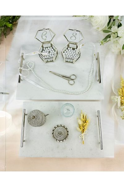 CyzHome Silver Marble Promise Tray and Groom Coffee Cup Tray