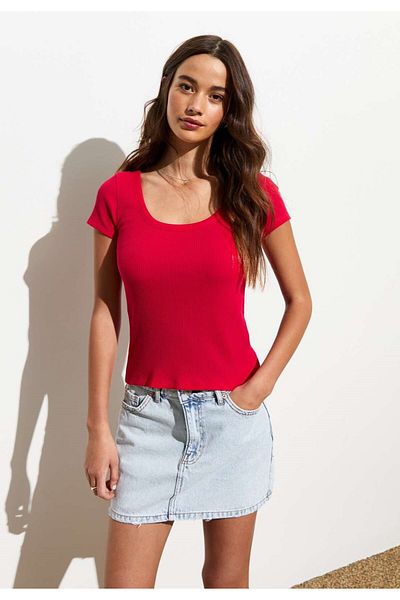 Rooted Women's Red Square Neck T-Shirt & Blouse, Lycra Ribbed Camisole Fabric