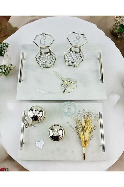CyzHome Silver Marble Promise Tray and Groom Coffee Cup Tray