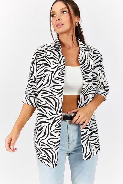 armonika Women's Black Zebra Pattern Oversize Long Basic Shirt Arm-22Y001145