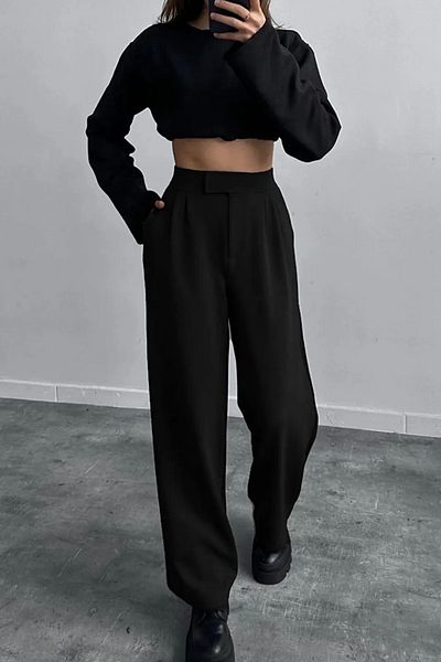 Swana Pantaloni Palazzo, confortabili, din material textil, cu închidere velcro, negri
