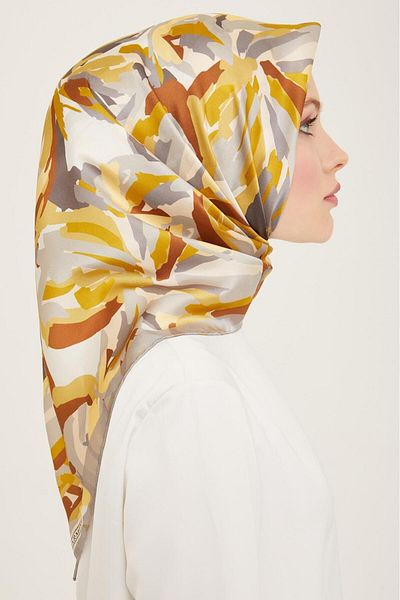 Armine Gray Gold Camouflage Butterfly Patterned Tivil Silk Scarf