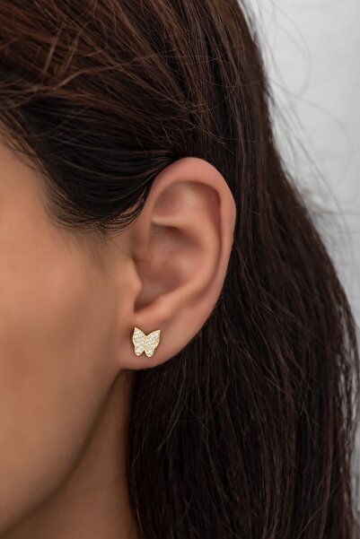 Nereze Gümüş Minik Gold Kelebek Küpe 925 Ayar