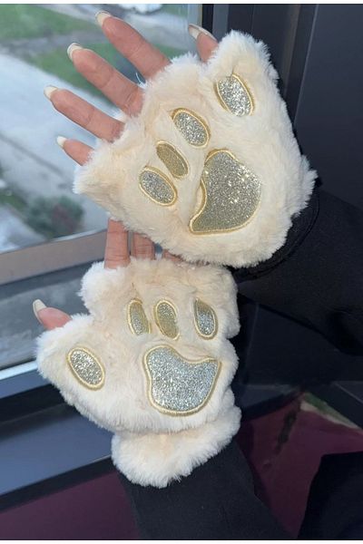 LOVE LUXE 14 February Valentine's Day Cream Color Plush Gloves with Paw Figure