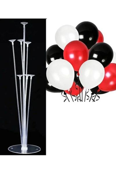 BALON DİYARI Balloon Land 7-Piece Balloon Stand and 12 Pieces Red, Black and White Balloon Set