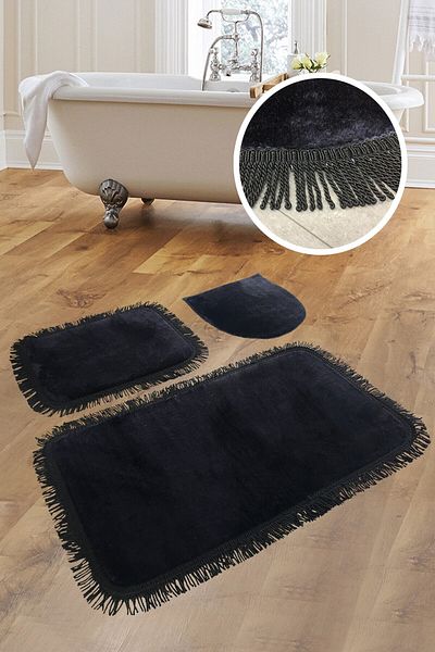 Bonny Home Set de 3 covorașe de baie negre Shareton - zestre cu melc, franjuri și ciucuri