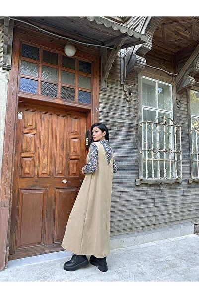 KÜÇÜĞÜM BUTİK Μπεζ μακρύ χειμωνιάτικο φόρεμα με λαιμόκοψη V με λαιμόκοψη