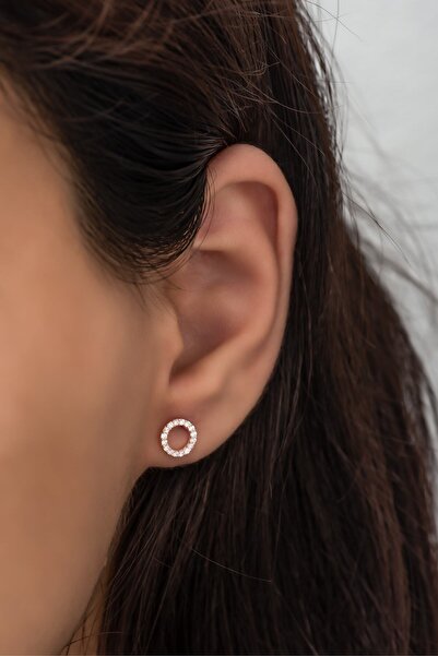 Nereze Gümüş Rose Minik Yuvarlak Tasarım Küpe 925 Ayar