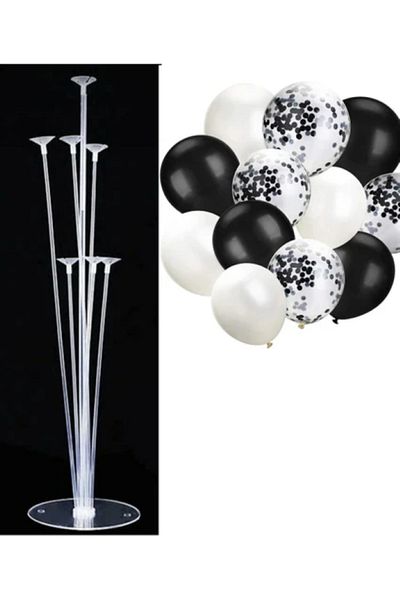 BALON DİYARI Balloon Land 7-Piece Balloon Stand and 12 Pieces Black, White and Transparent Confetti Balloon Set