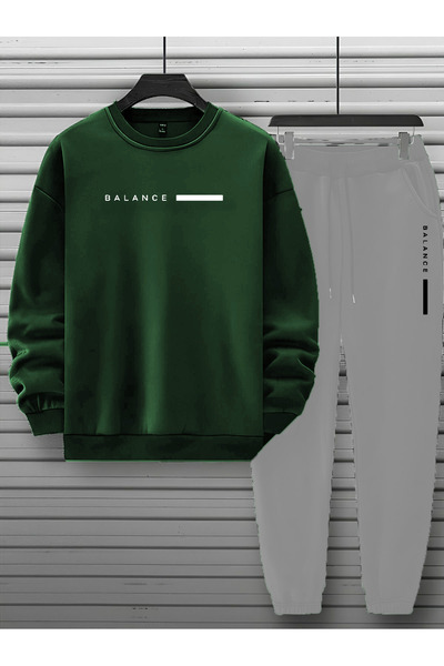 zeag Unisex Gray Crew Neck Tracksuit Set Balance Printed Tracksuit Set