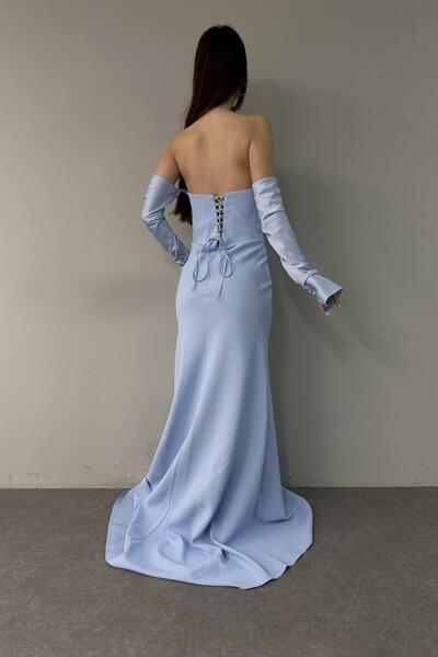 lizge giyim TAKMA KOL STRAPLEZ KREP ABİYE ELBİSE