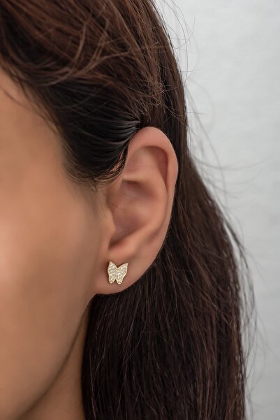 Nereze Gümüş Minik Gold Kelebek Küpe 925 Ayar