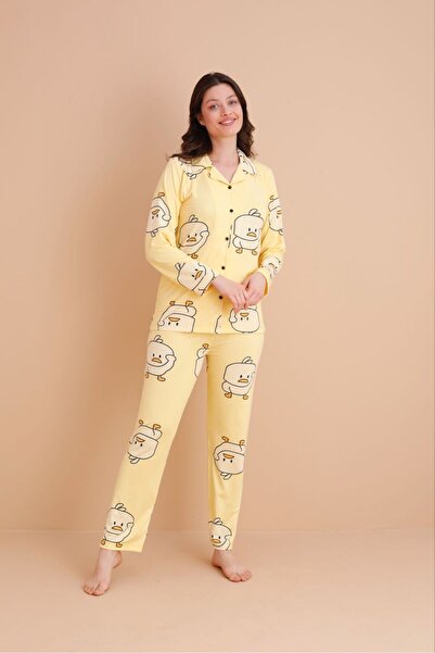 trdpodyum Kadın Sarı Civciv Önden Düğmeli Bebe Yaka Uzun Kol Pijama Takımı