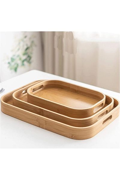 Qerhome 3-Piece Bamboo Luxury Presentation Tray - 3 Size Tea-Coffee, Rectangular Shape