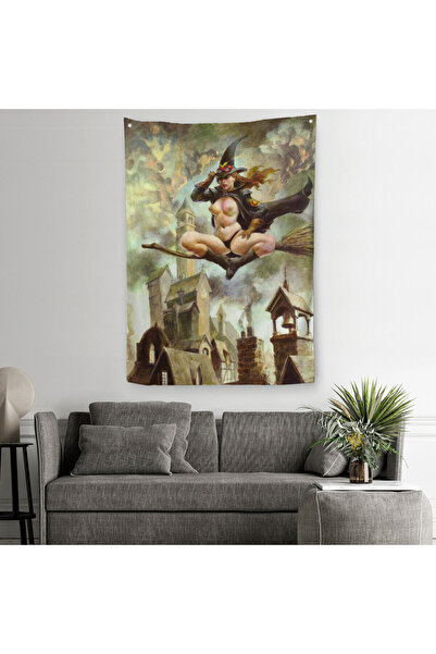 PAMUK'S DESİGN Çıplak Cadı Süpürgeye Biniyor, Cadılar Bayramı Gotik Sanatı, D...