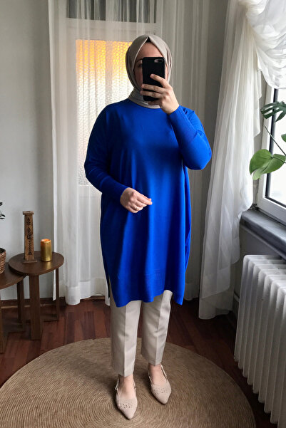 Sapha سترة نسائية زرقاء نصف الياقة المدورة تريكو المعطف سترة