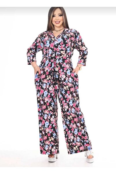 MODAEFD BÜYÜK BEDEN ÇİÇEK DESENLİ KRUVAZE YAKA TULUM