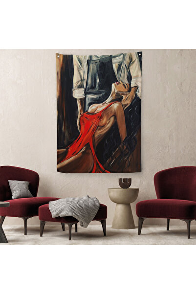 Genel Markalar Kırmızı Kıyafetli Sexi Kadın Dekoratif Duvar Örtüsü - Halısı-6106
