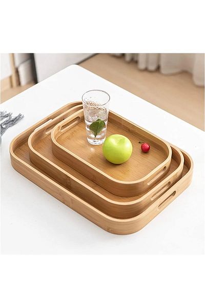 Qerhome 3-Piece Bamboo Luxury Presentation Tray - 3 Size Tea-Coffee, Rectangular Shape