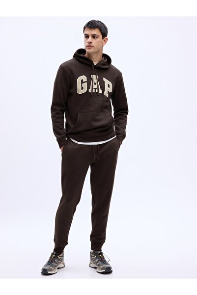 GAP Erkek Kahverengi Logo Kapüşonlu Fleece Sweatshirt