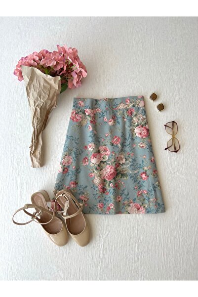 KÜÇÜĞÜM BUTİK Turquoise and Pink Floral Patterned Short Polycotton Skirt