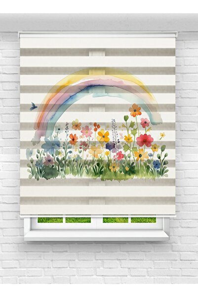 vanilyahome Kız Çocuk Odası İçin Desenli Baskılı Çiçek Bahçesi ve Gökkuşağı Z...