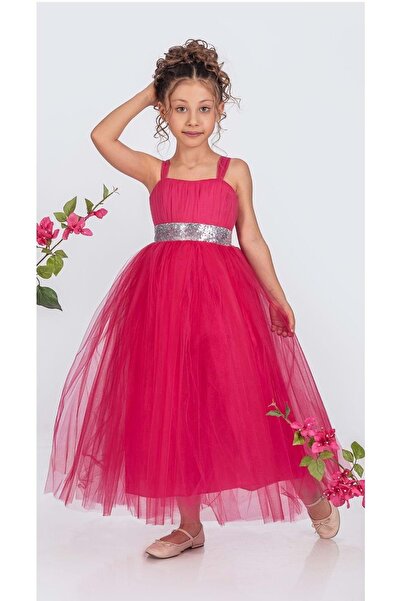 Mnk Girl's Satin Evening Dress with Back and Tulle Mnk0340 Fuchsia
