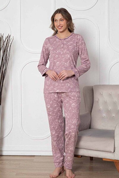 ALİMER Set de pijamale cu mâneci lungi cu model de flori uscate de trandafiri 2786UY