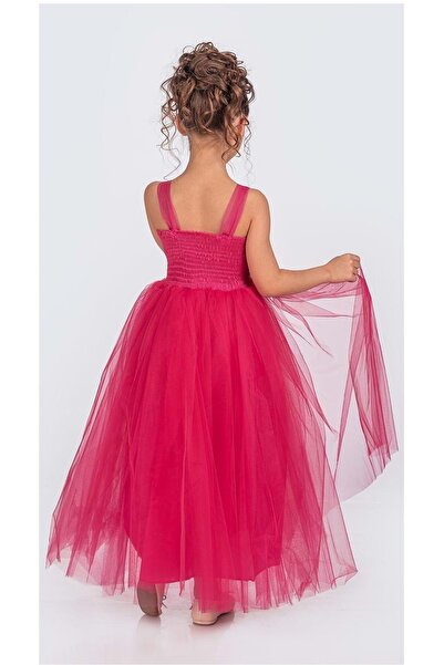 Mnk Girl's Satin Evening Dress with Back and Tulle Mnk0340 Fuchsia